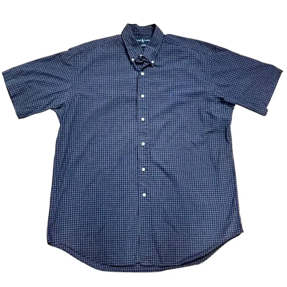 VTG 90s Ralph Lauren Blake Plaid Button Down Shirt L Navy Blue Preppy Oversized